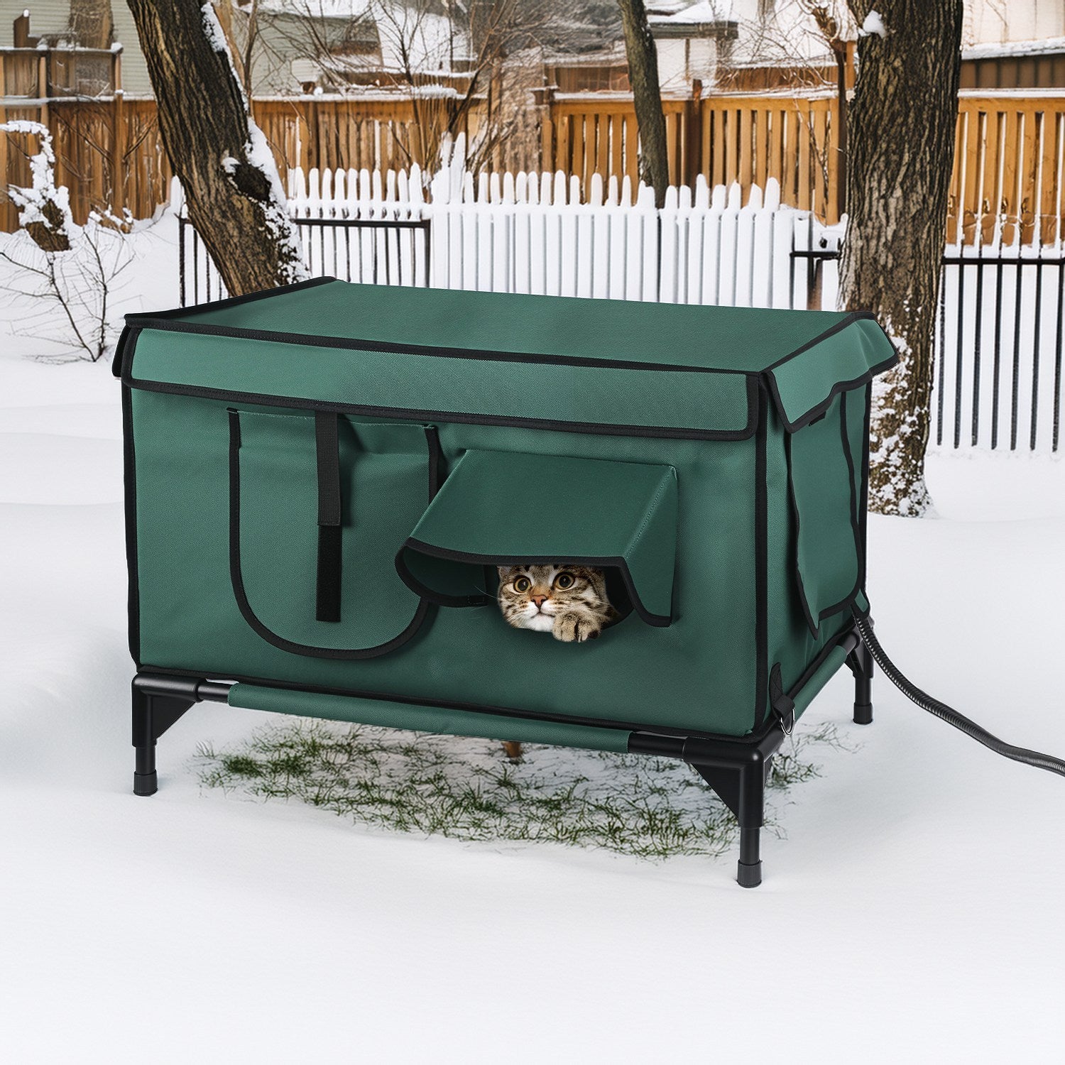Waterproof Heated Cat House Outdoor Weatherproof Insulated Kitty Shelter for Feral Cat Heated-Chew Cord