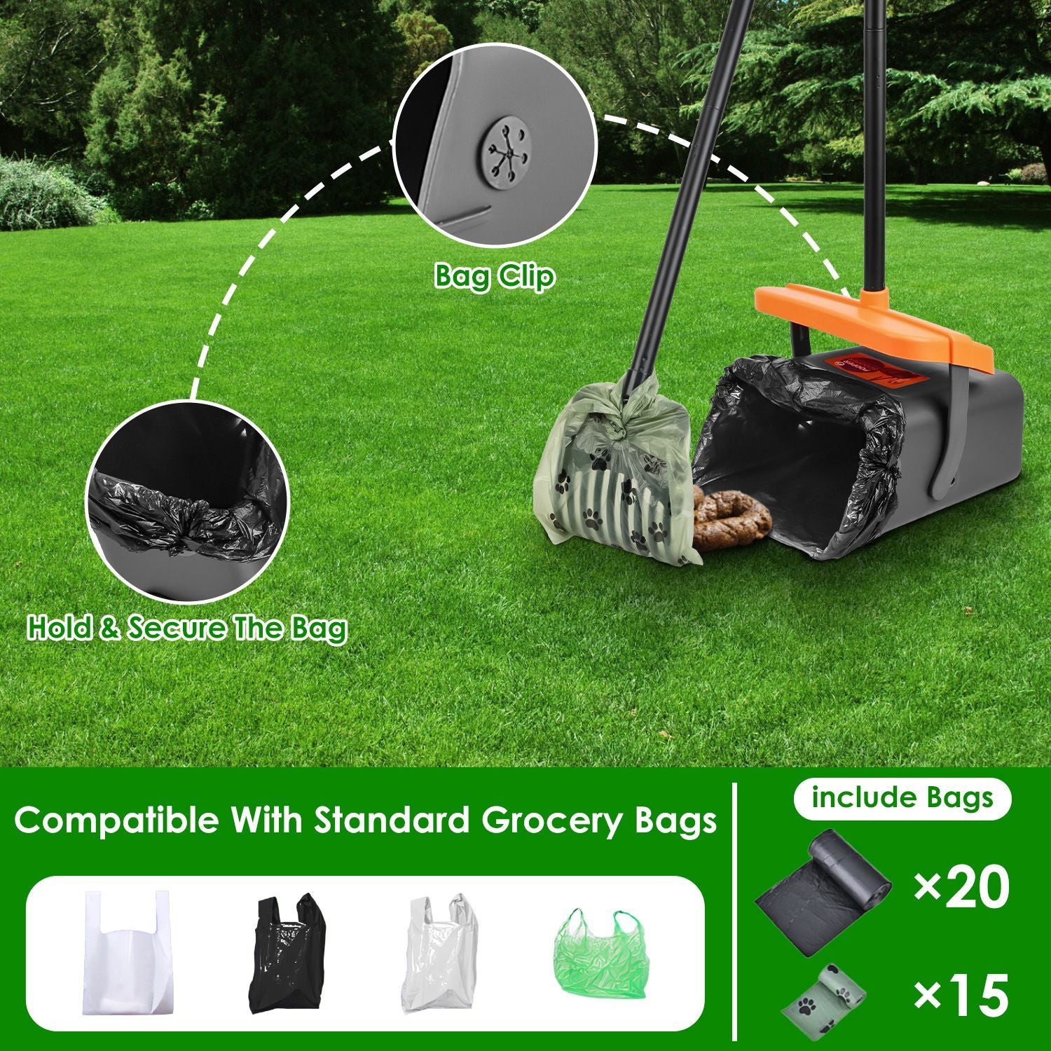 Pooper Scooper Kit Dog Poop Rake & Swiveling Bin