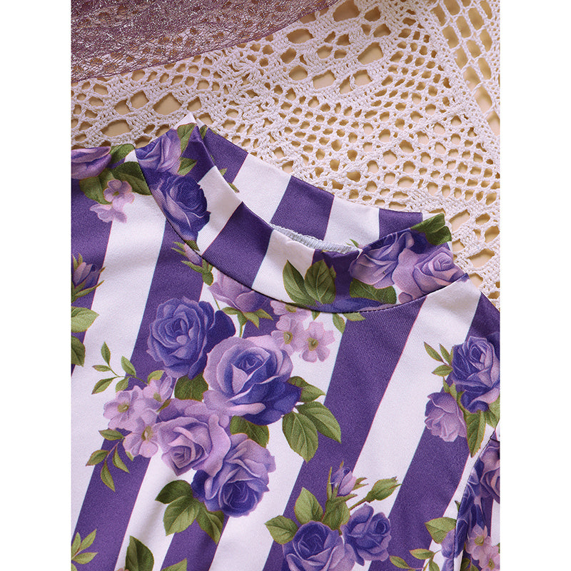 Toddler Girl Purple Rose Print Girls Outfit, Spring Fall Stripe Top With Belt Skirts