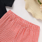 Toddler  Back To School Outfit Summer Applique T-Shirt & Red Gingham Shorts Set