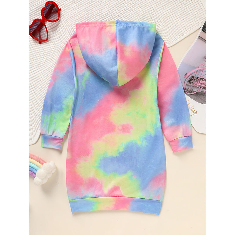 Toddler Girls Long Sleeve Tie Dye Hooded Dress Adorable & Comfortable Daily Wear For Kids