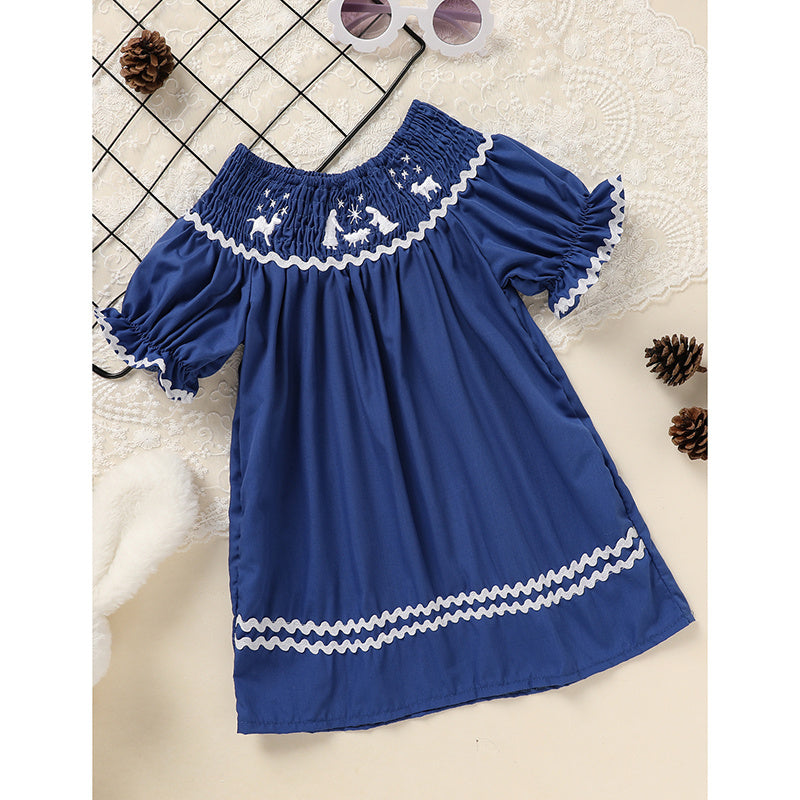 Toddler Infant Girl Christmas  Embroidery Short Sleeve Princess Party Dress Smocked Baby Girl Clothes