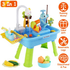 3 In 1 Kitchen Sink Toy With Electric Faucet Water Table Fishing Game