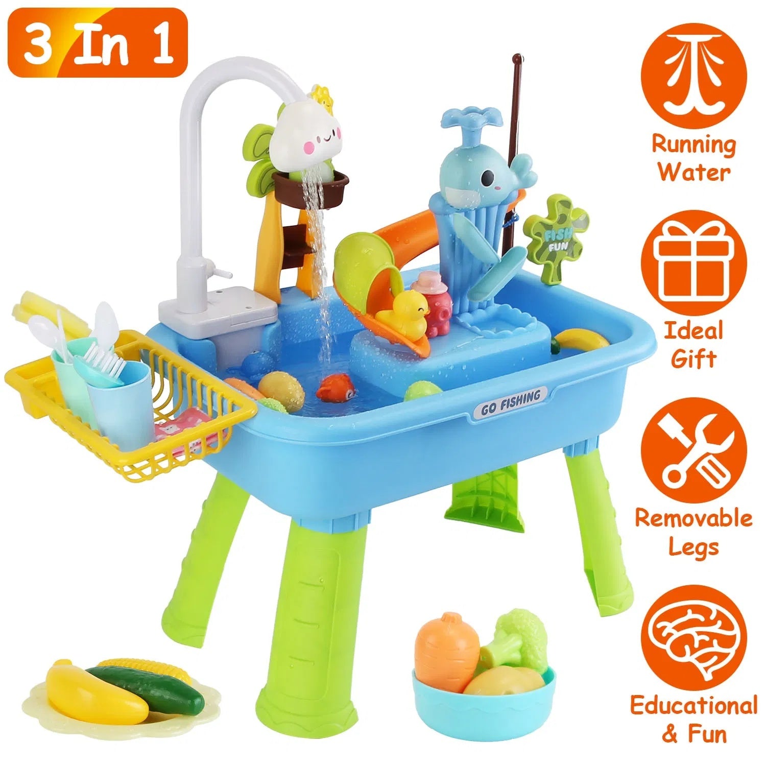 3 In 1 Kitchen Sink Toy With Electric Faucet Water Table Fishing Game