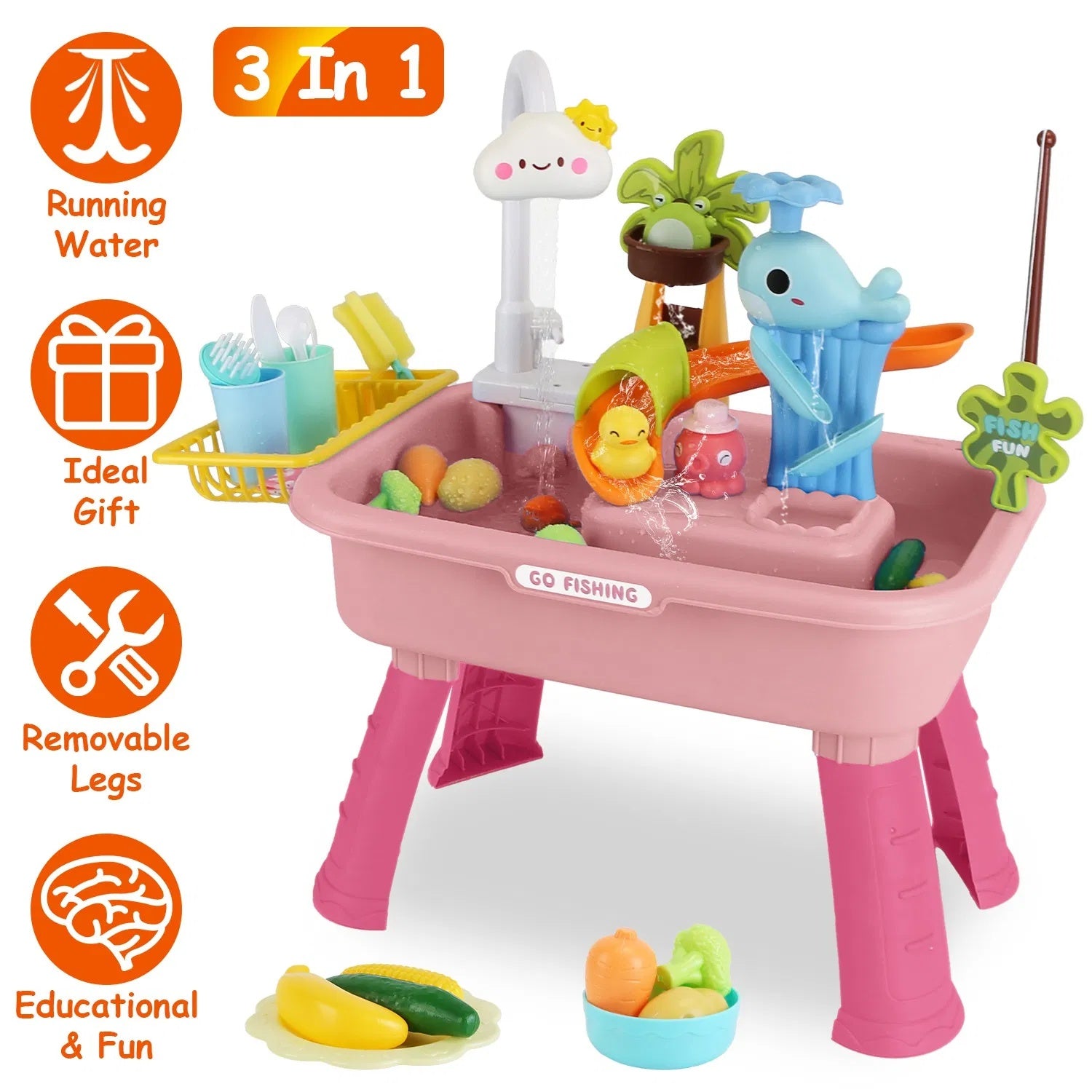 3 In 1 Kitchen Sink Toy With Electric Faucet Water Table Fishing Game