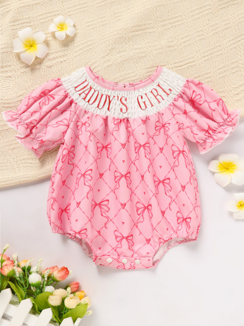 Baby Girl's Bowknot Graphic Print Romper, Daddy's Girl Letter Print Triangle Jumpsuit With Bubble Sleeves