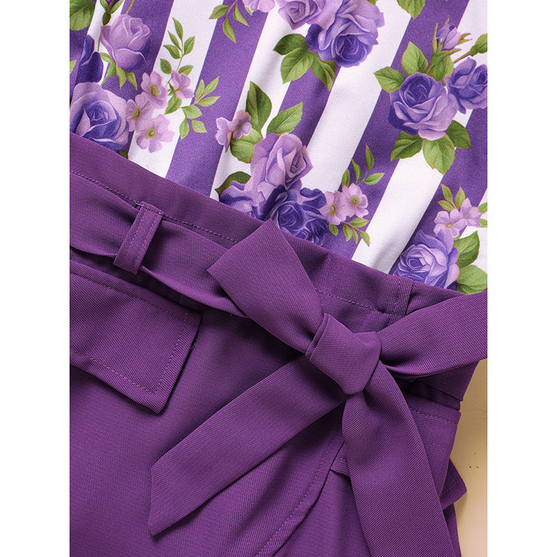 Toddler Girl Purple Rose Print Girls Outfit, Spring Fall Stripe Top With Belt Skirts