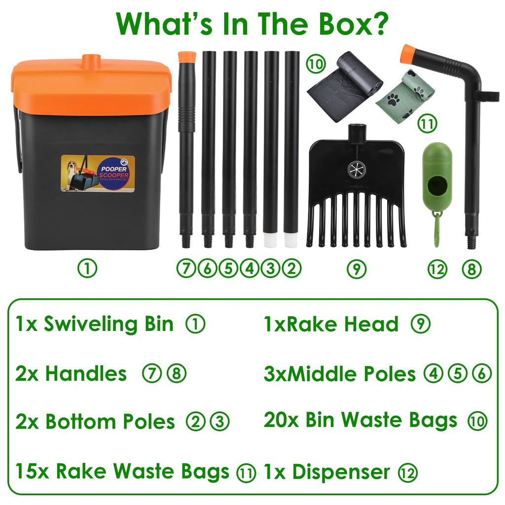 Pooper Scooper Kit Dog Poop Rake & Swiveling Bin