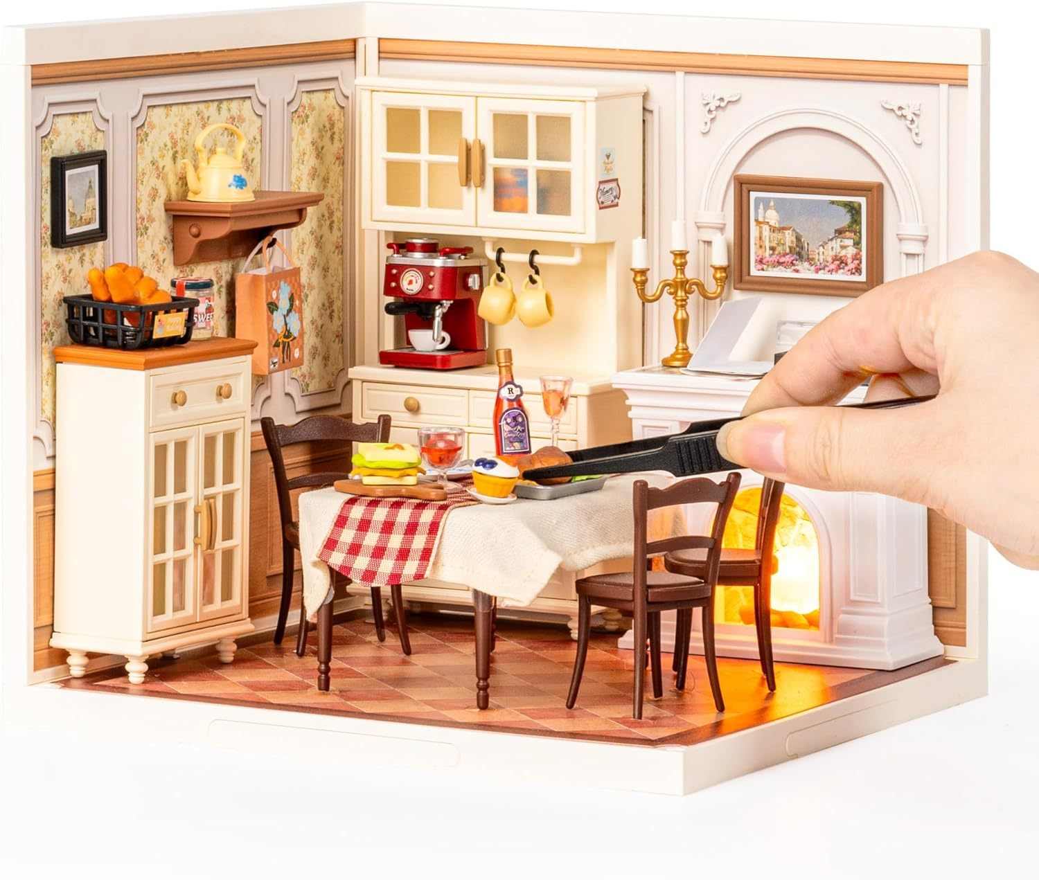 ROBOTIME DIY Miniature House Kit Dollhouse Model Building Craft Kit Warm Dining Room