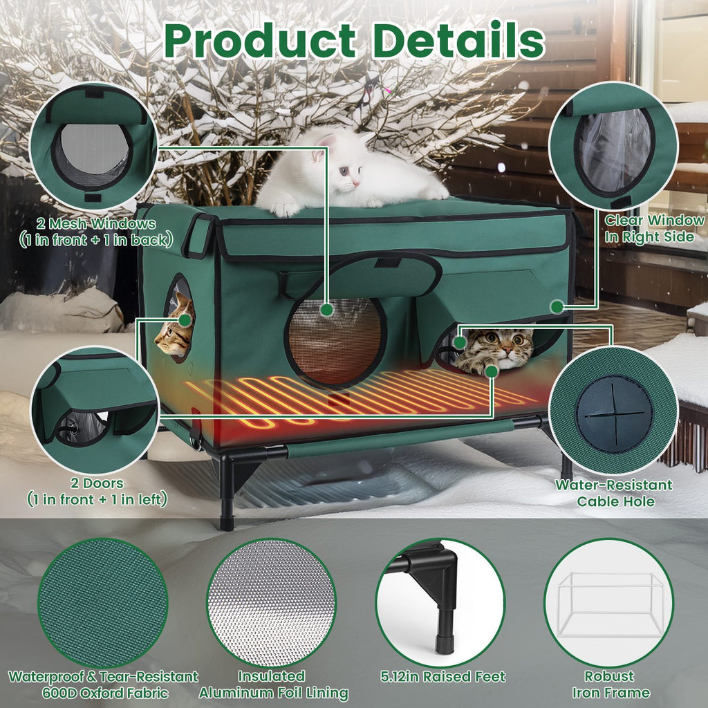 Waterproof Heated Cat House Outdoor Weatherproof Insulated Kitty Shelter for Feral Cat Heated-Chew Cord