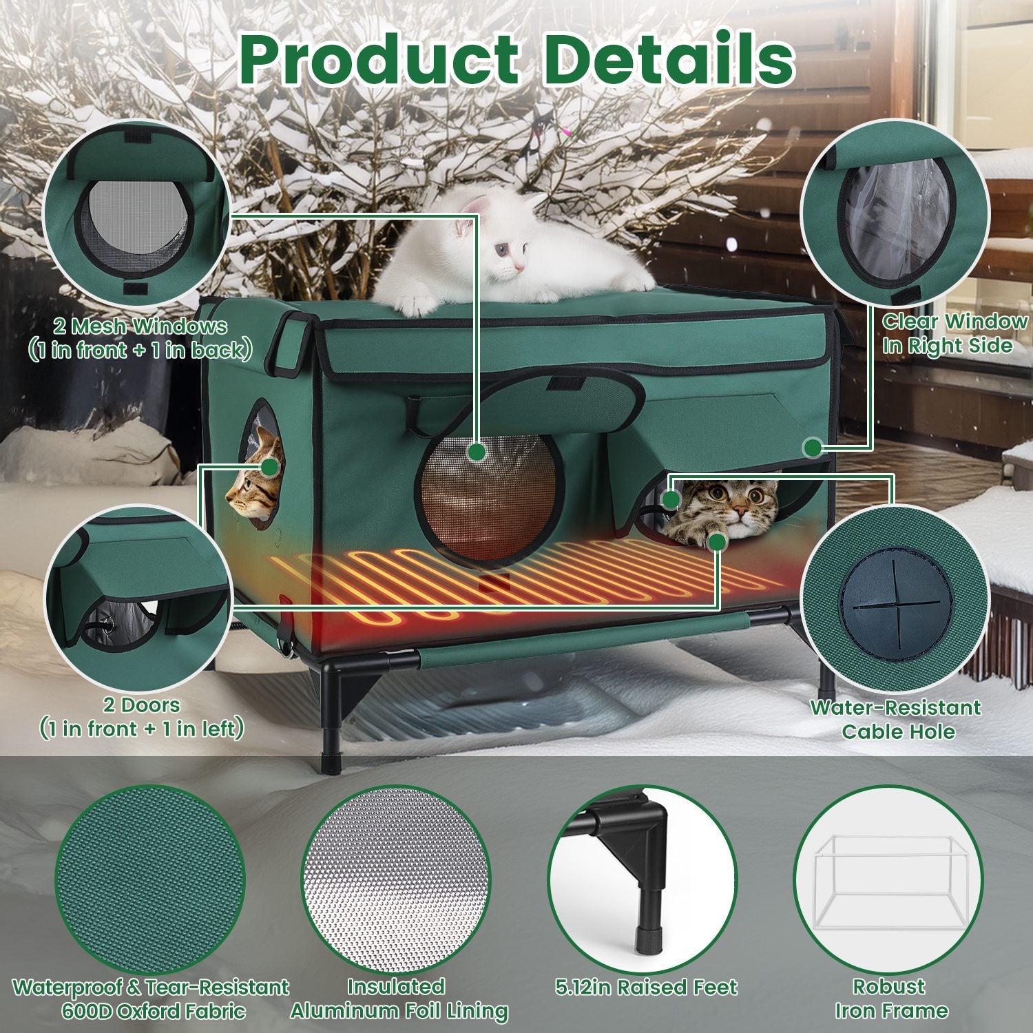 Waterproof Heated Cat House Outdoor Weatherproof Insulated Kitty Shelter for Feral Cat Heated-Chew Cord