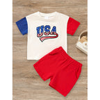 Infant Baby Boy Outfit Set USA Letter Print Color Block T-Shirt & Shorts