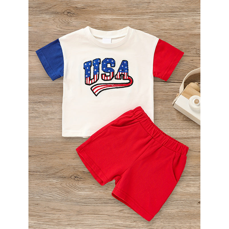 Infant Baby Boy Outfit Set USA Letter Print Color Block T-Shirt & Shorts