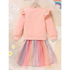 Girls Rainbow Skirt Set Letters Embroidery Long Sleeve Sweatshirt Tops & Rainbow Tutu Skirt Outfits