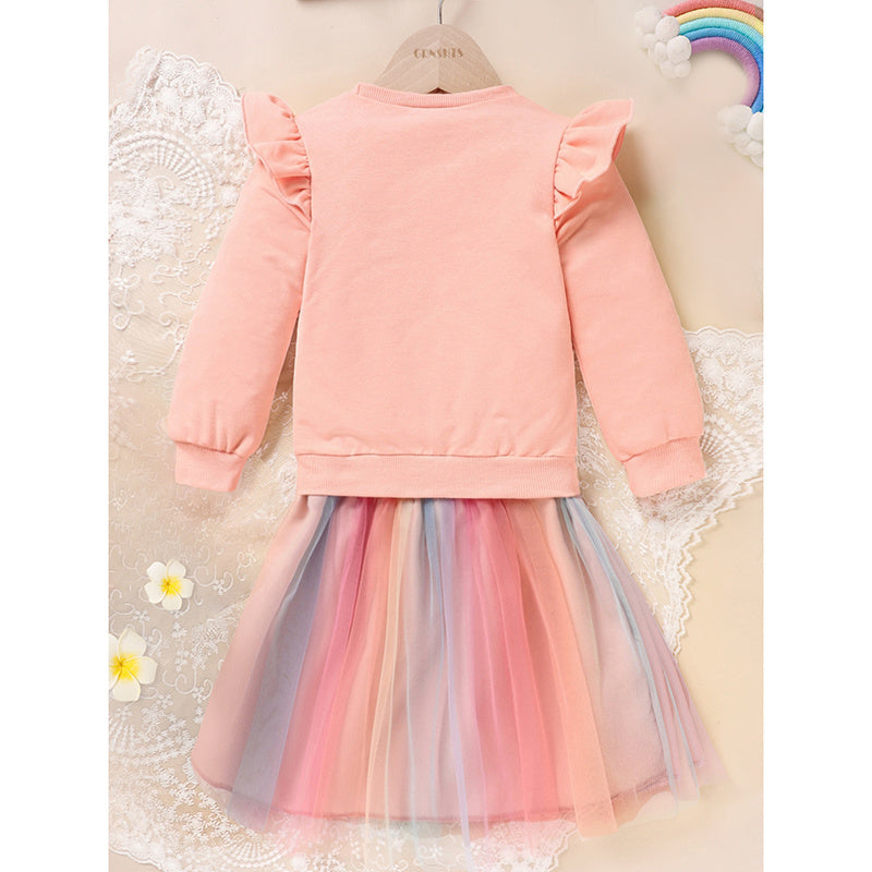 Girls Rainbow Skirt Set Letters Embroidery Long Sleeve Sweatshirt Tops & Rainbow Tutu Skirt Outfits