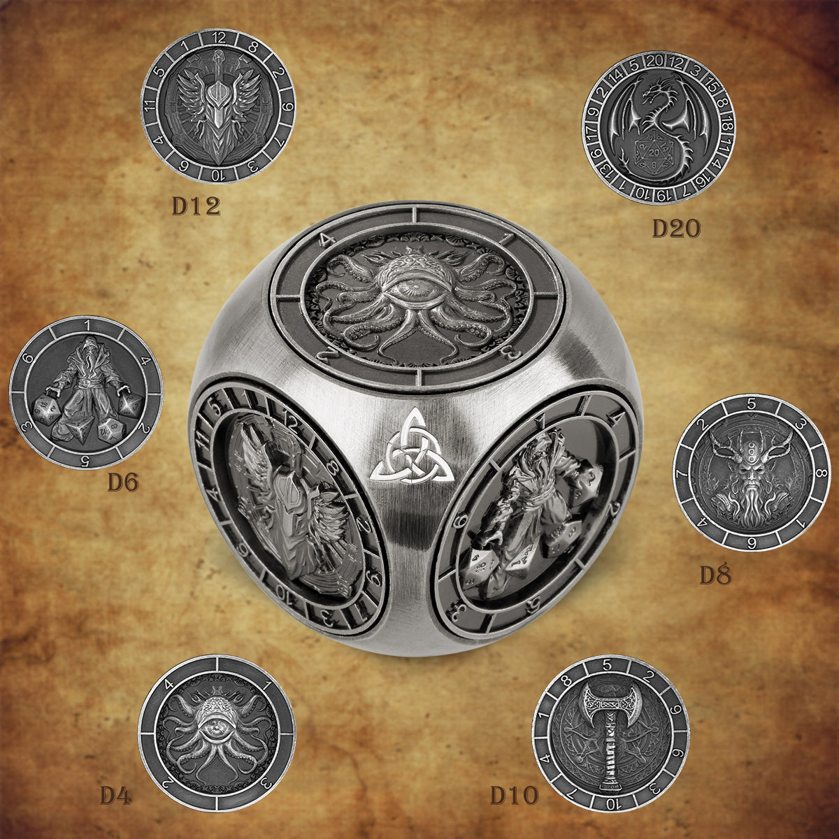 6-pack DND Dice Wheel Gift Box Set, Retro Wheel Metal Polyhedral Board Game Prop, Desktop Role Playing Decoration Collectibles Game Dice Accessories