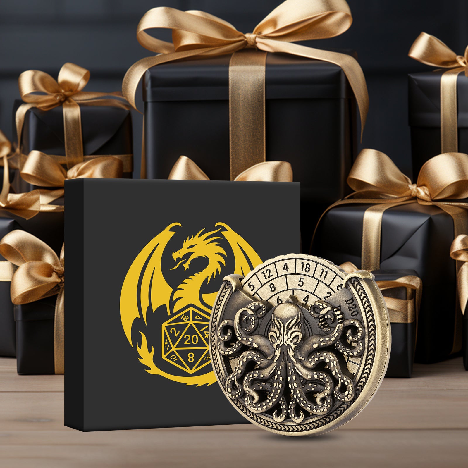 Vintage Kesulu Style, Super Refined Metal Octopus Dice Turntable Gift Box, Immersive Board Game Experience, D20 Random Surprise, Necessary Props For D&D Team
